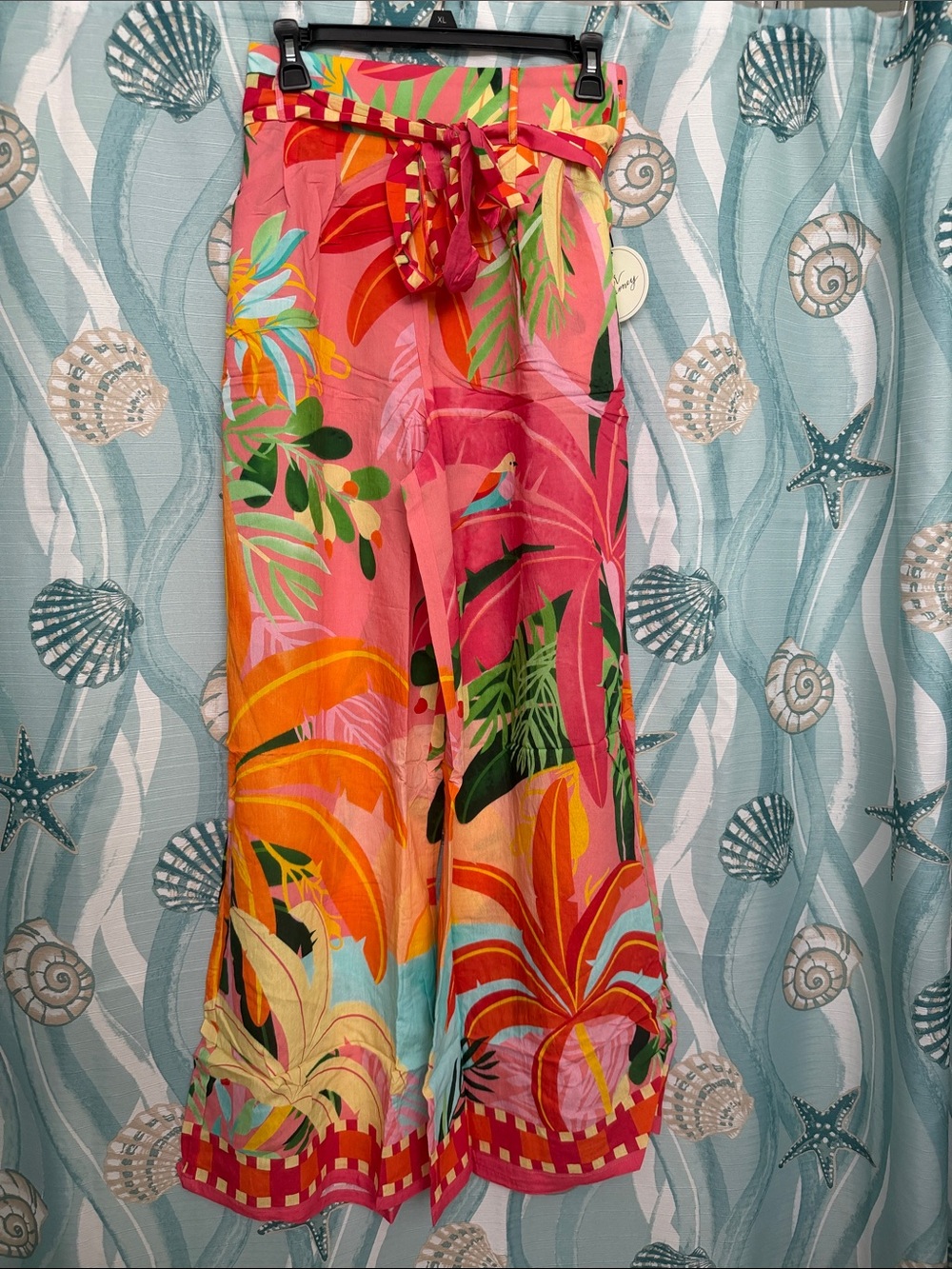 Wide-Leg Tropical Tie-Waist Pants - Pink Tropical Print